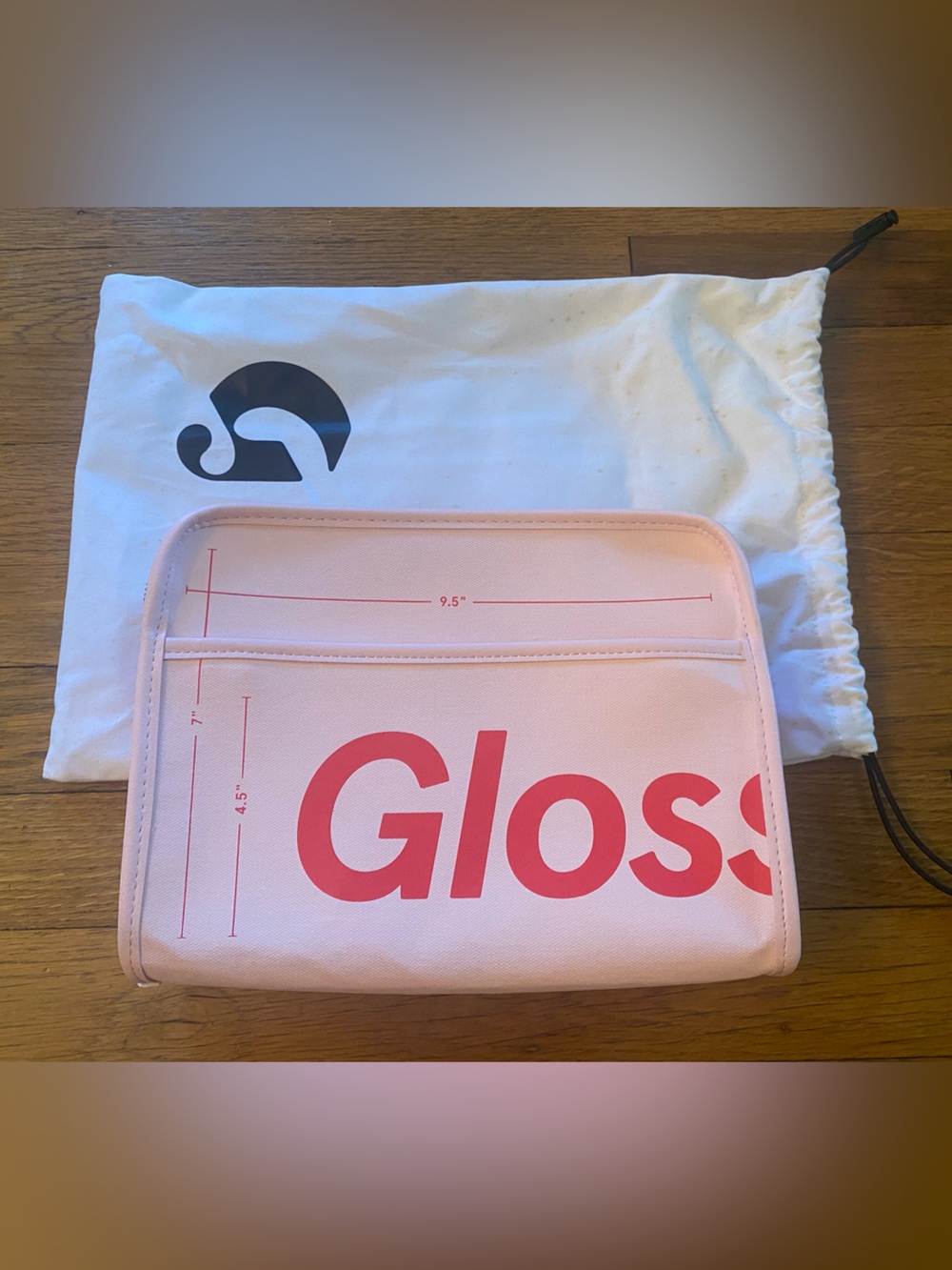 Glossier Light Pink Cosmetic Bag with Red Logo and details